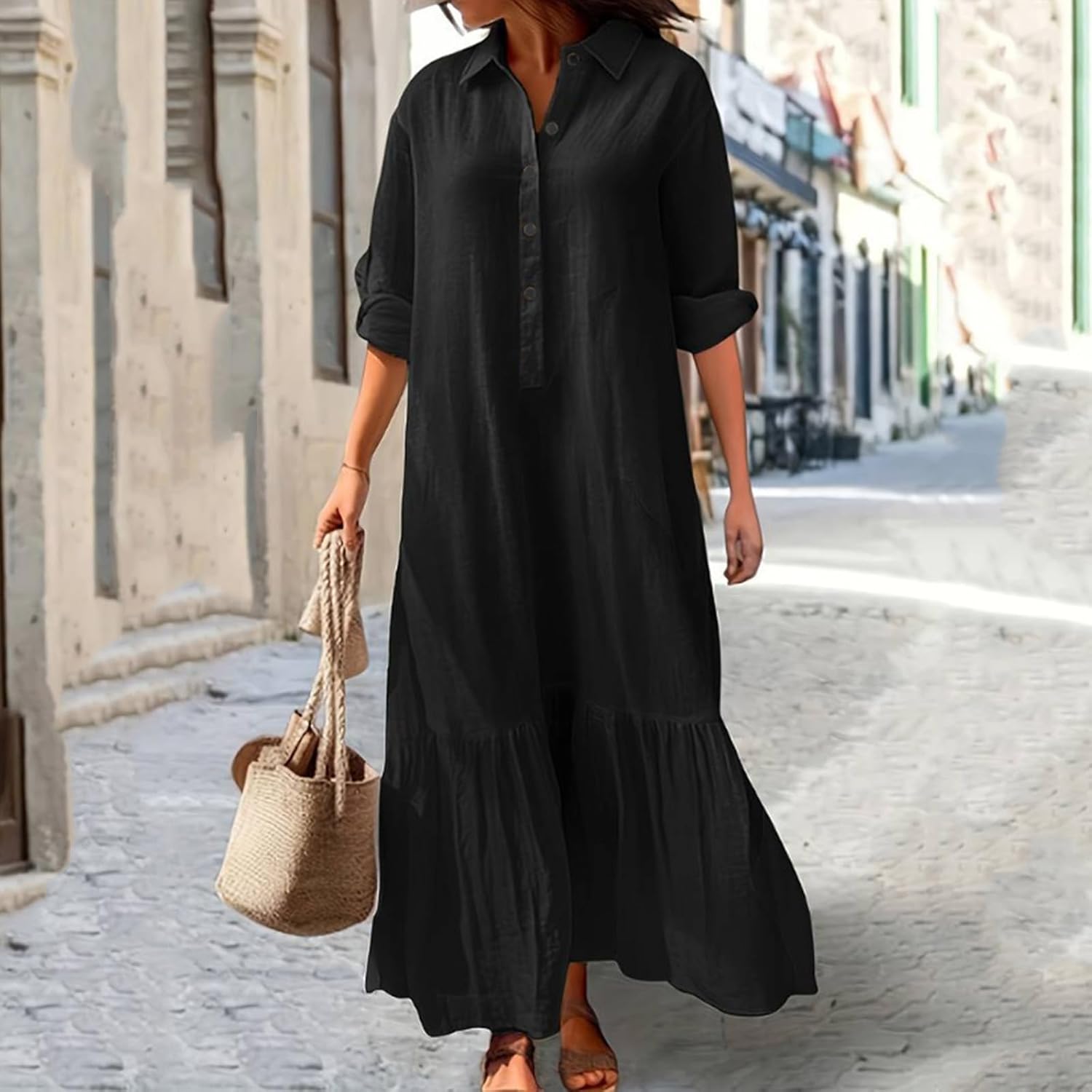 Vestido Longo Élina para Mulher em Algodão e Linho – Vestido Camiseiro Largo com Bainha Assimétrica