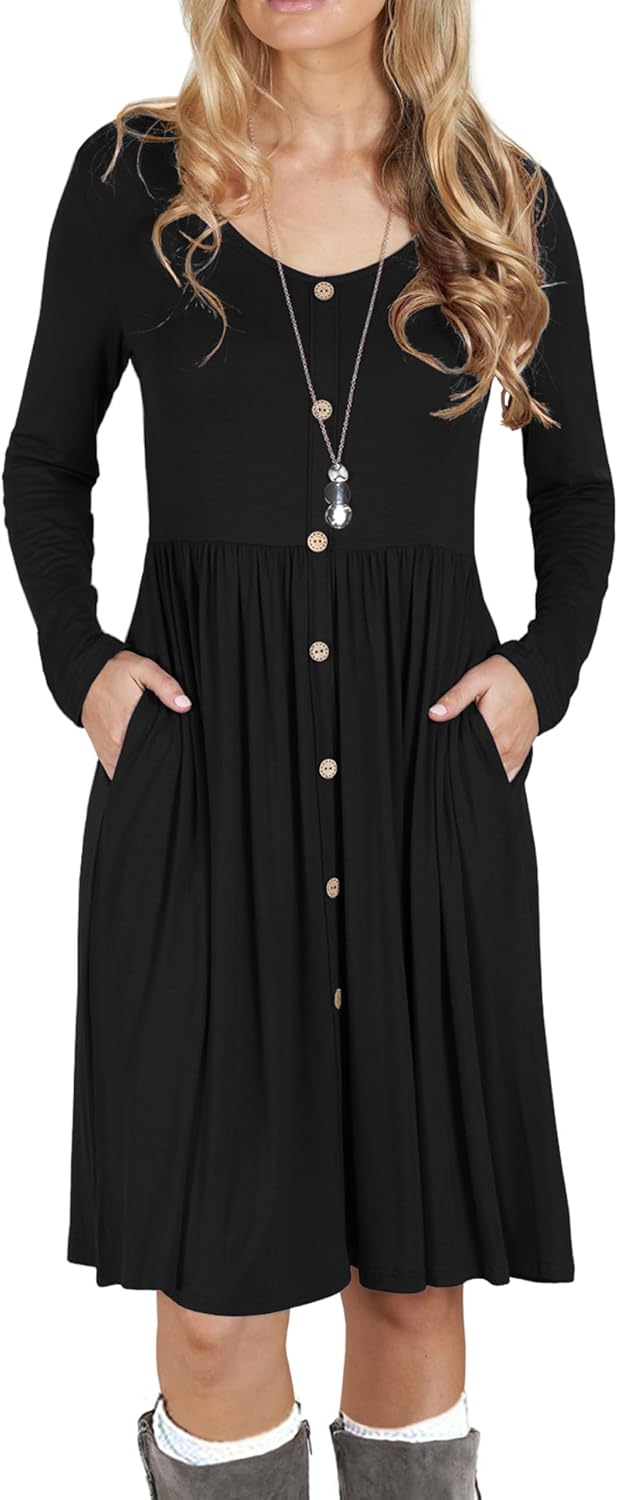 Julie Robe Midi A-Line – Robe Casual Manches Longues avec Poches Femme