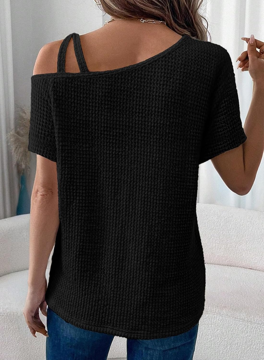 Dorothea top til kvinder med bare skuldre – T-shirt med vaffelmønster og krydsede stropper