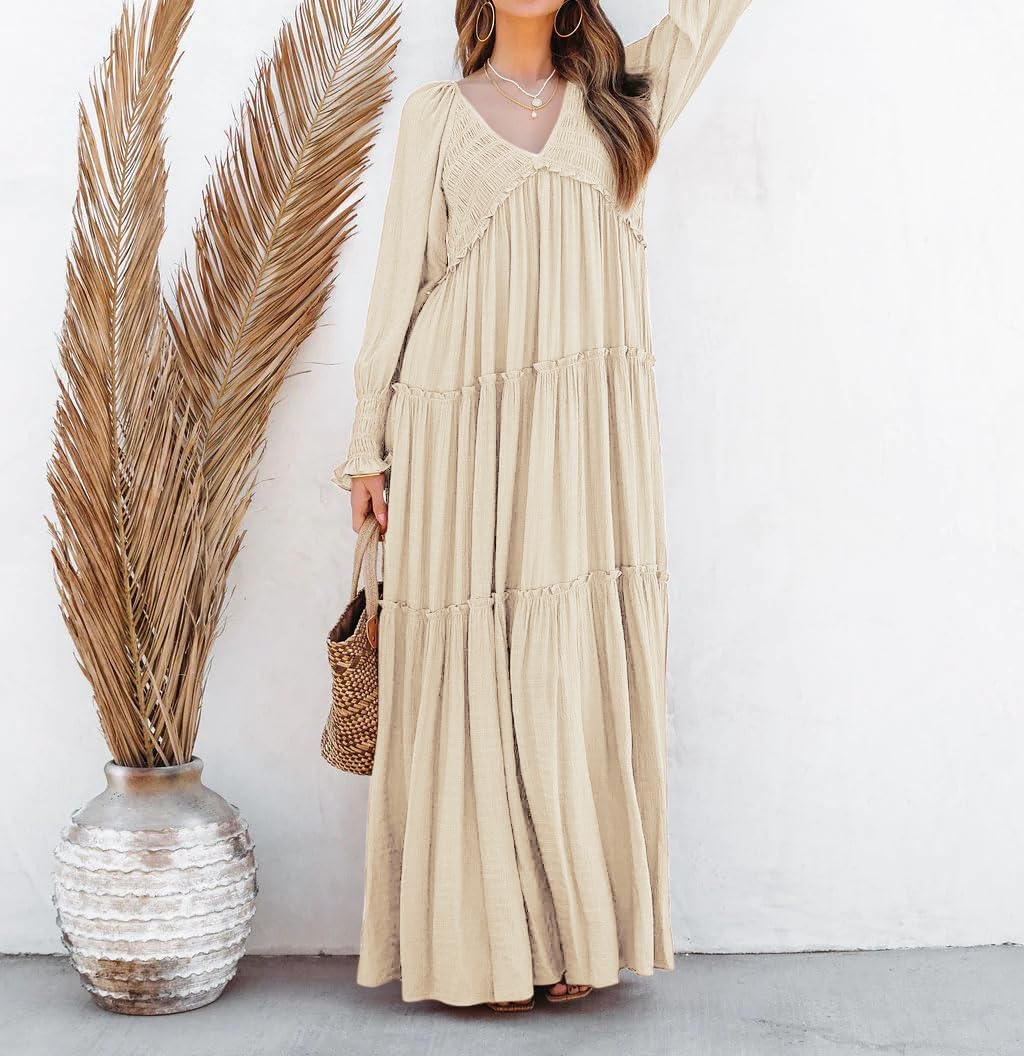 Eva Robe Maxi Femme – Robe Bohème Col V Manches Longues Smockée Volants