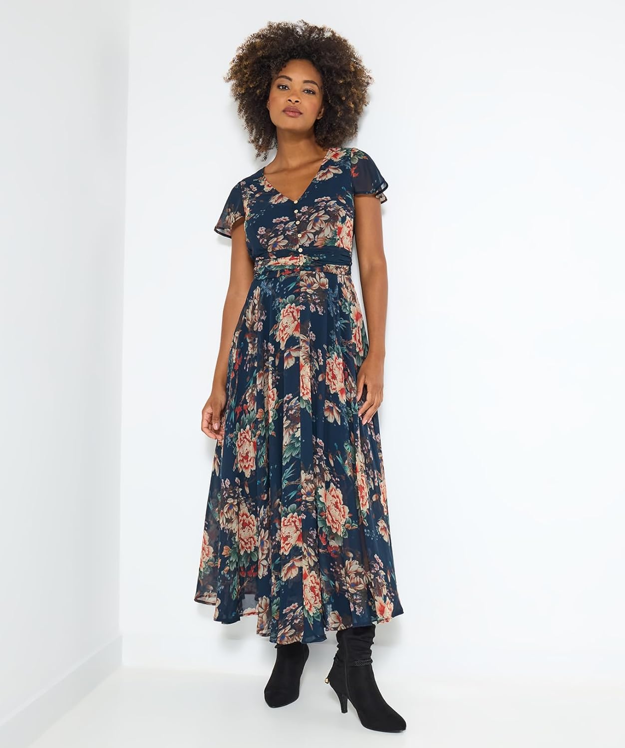 Sophie Robe Femme Fleurie – Robe Georgette Col V Manches Courtes Élégante Été
