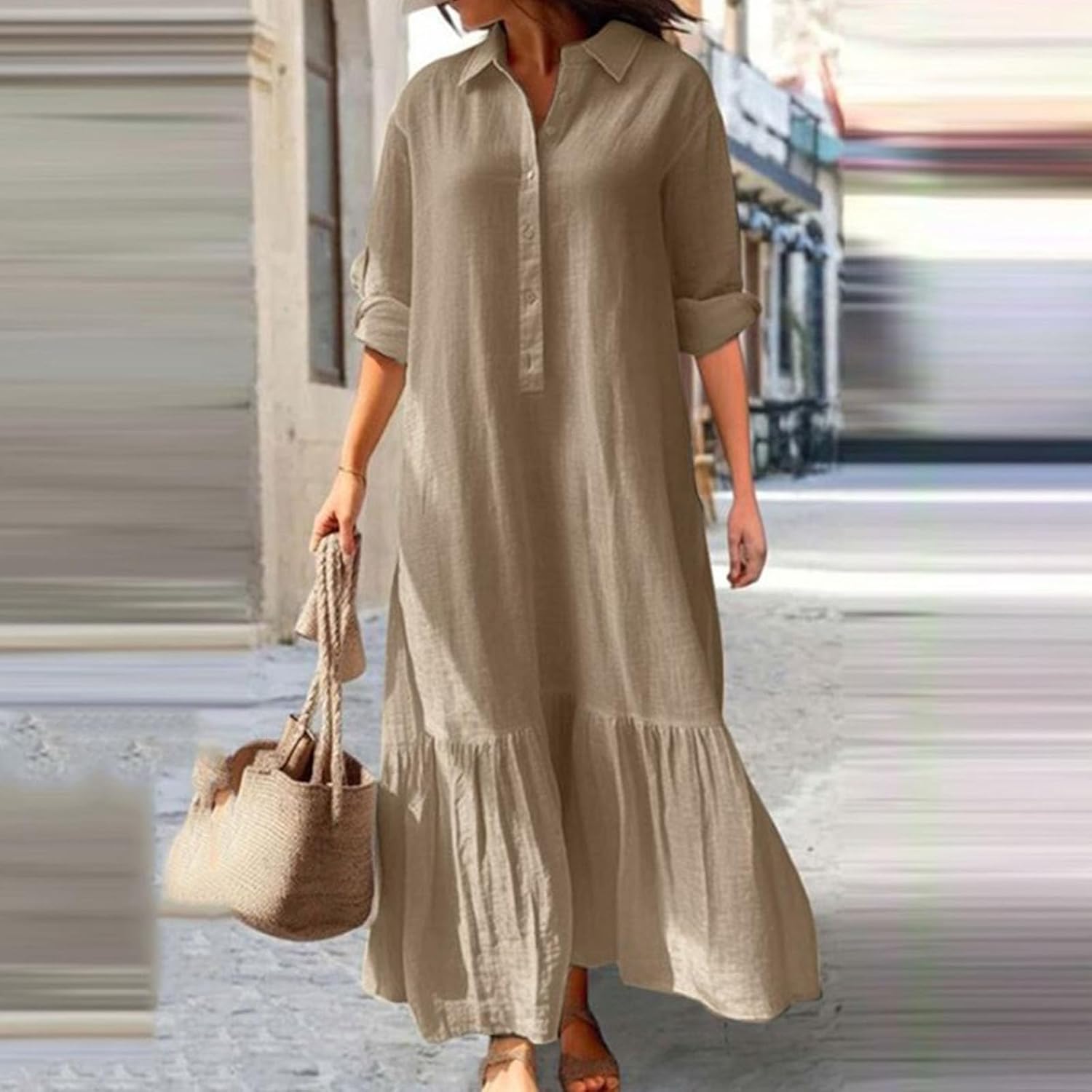 Vestido Longo Élina para Mulher em Algodão e Linho – Vestido Camiseiro Largo com Bainha Assimétrica