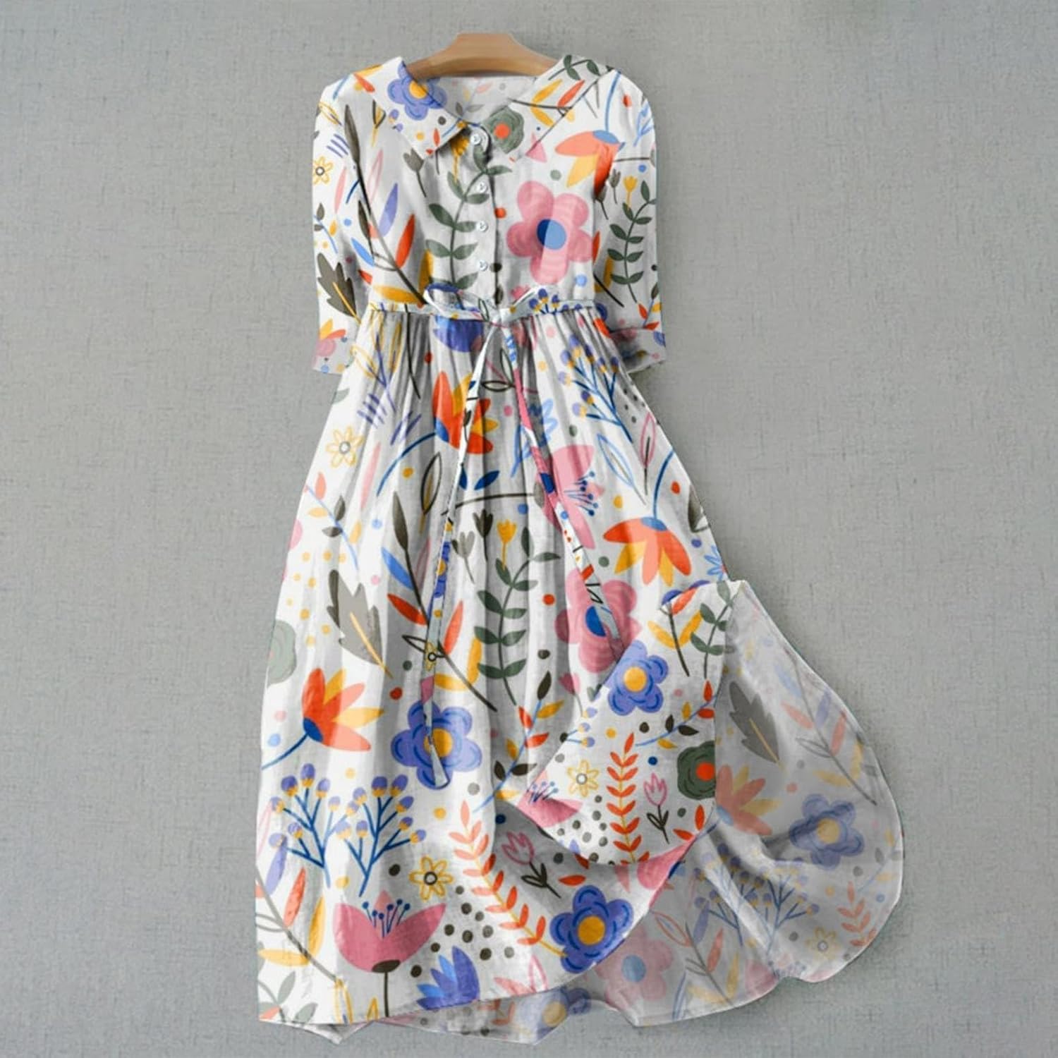 Sophie Women's Dress – Floral Linen Maxi Dress with Shirt Collar and Adjustable Waist Summer