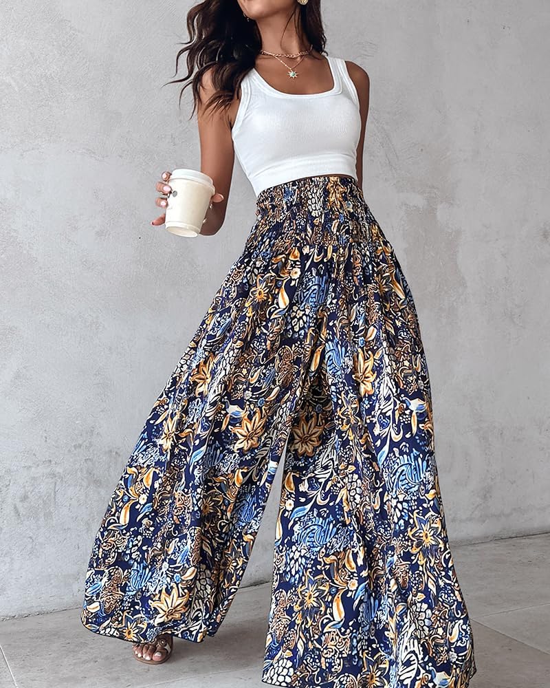 Purple Women's Pants – Floral Palazzo with Smocked Waist, Wide & Pockets Summer