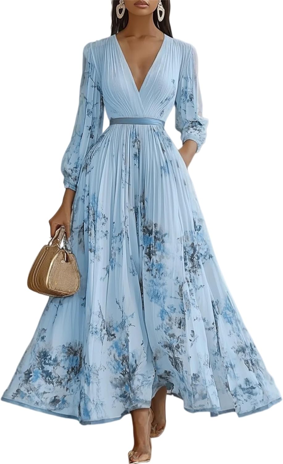 Amélie Abito Donna – Abito Maxi Floreale Scollo a V Cinturato Boho Elegante Matrimonio