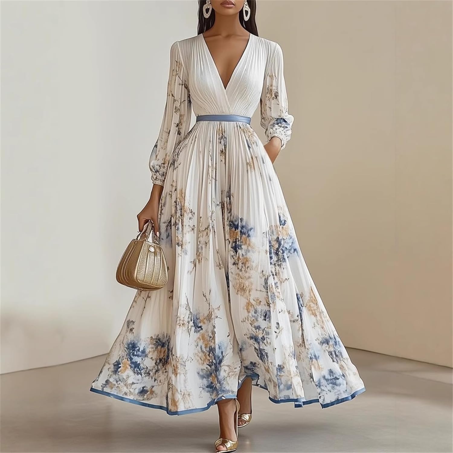Amélie Abito Donna – Abito Maxi Floreale Scollo a V Cinturato Boho Elegante Matrimonio