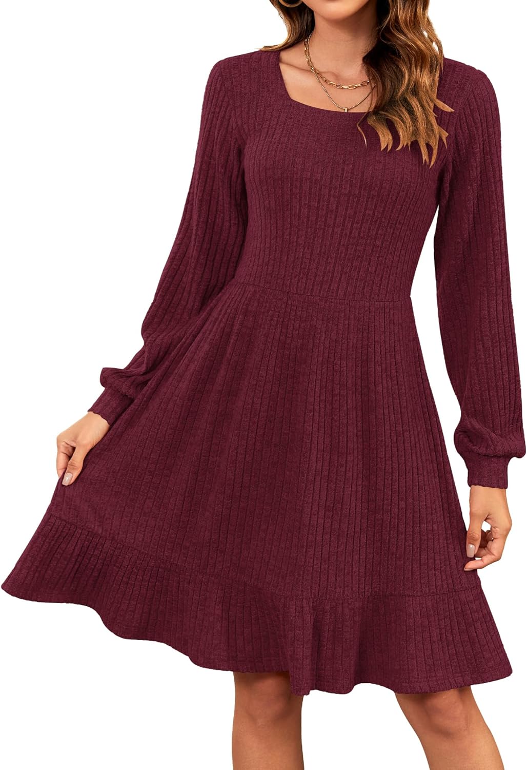 Élise Robe Pull Femme – Robe Maille Col Carré Manches Longues Automne Hiver