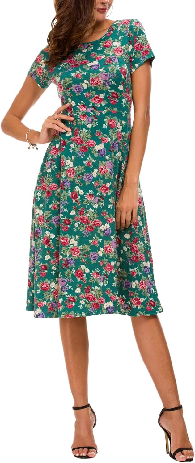 Léonie Midikleid mit Blumenmuster Damen – Ausgestelltes Kleid mit kurzen Ärmeln und Rundhalsausschnitt für den Sommer