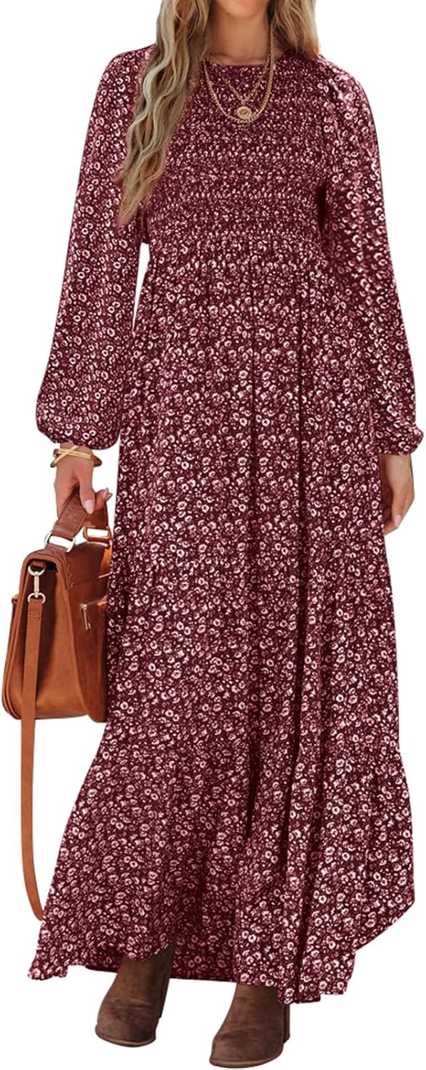 Sophie Robe Maxi Femme – Robe Fleurie Smockée Manches Longues Bohème Élégante