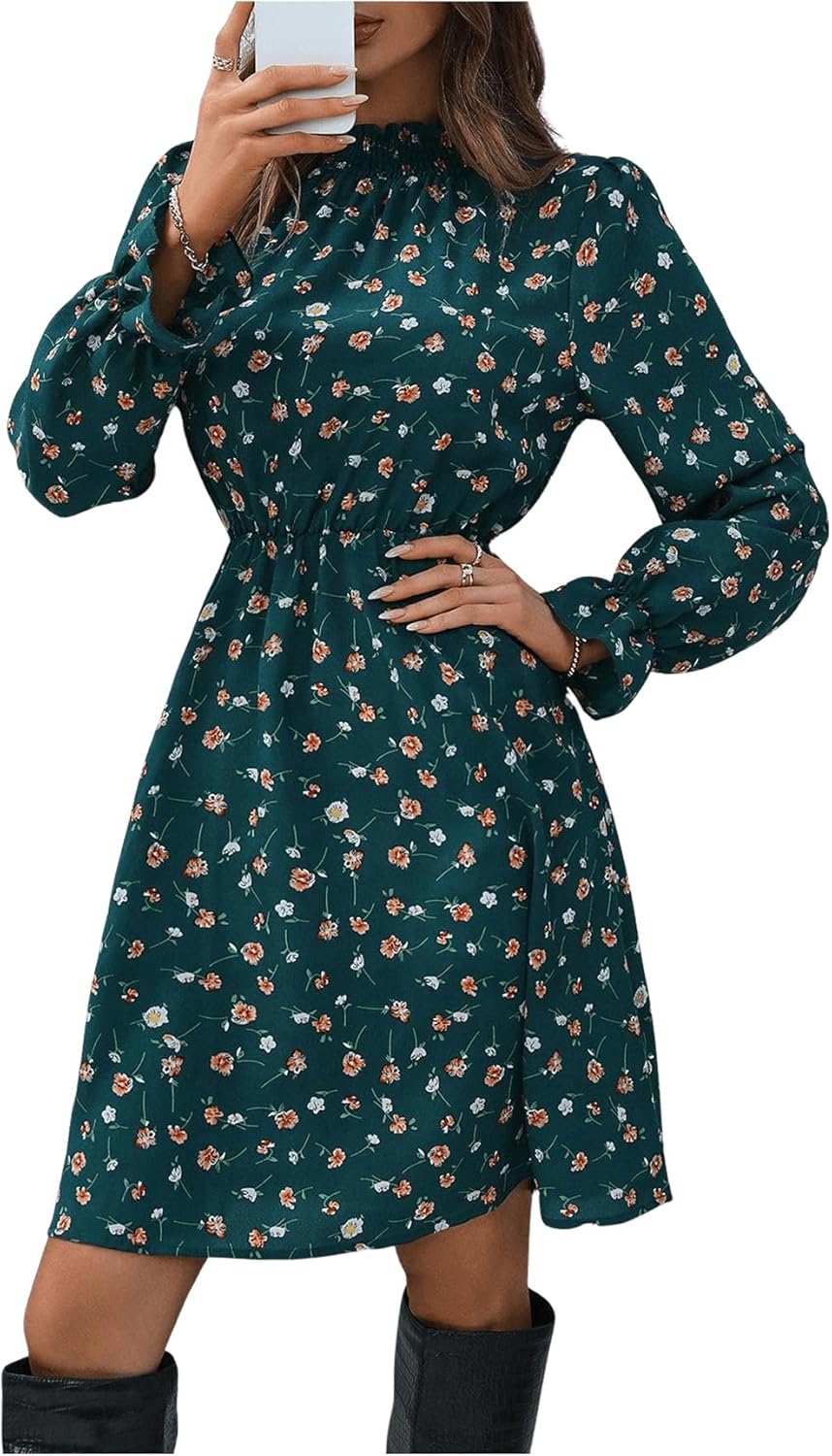 Vestido Curto Feminino Élise – Vestido Floral com Gola Alta e Folhos, Corte A-Line Elegante