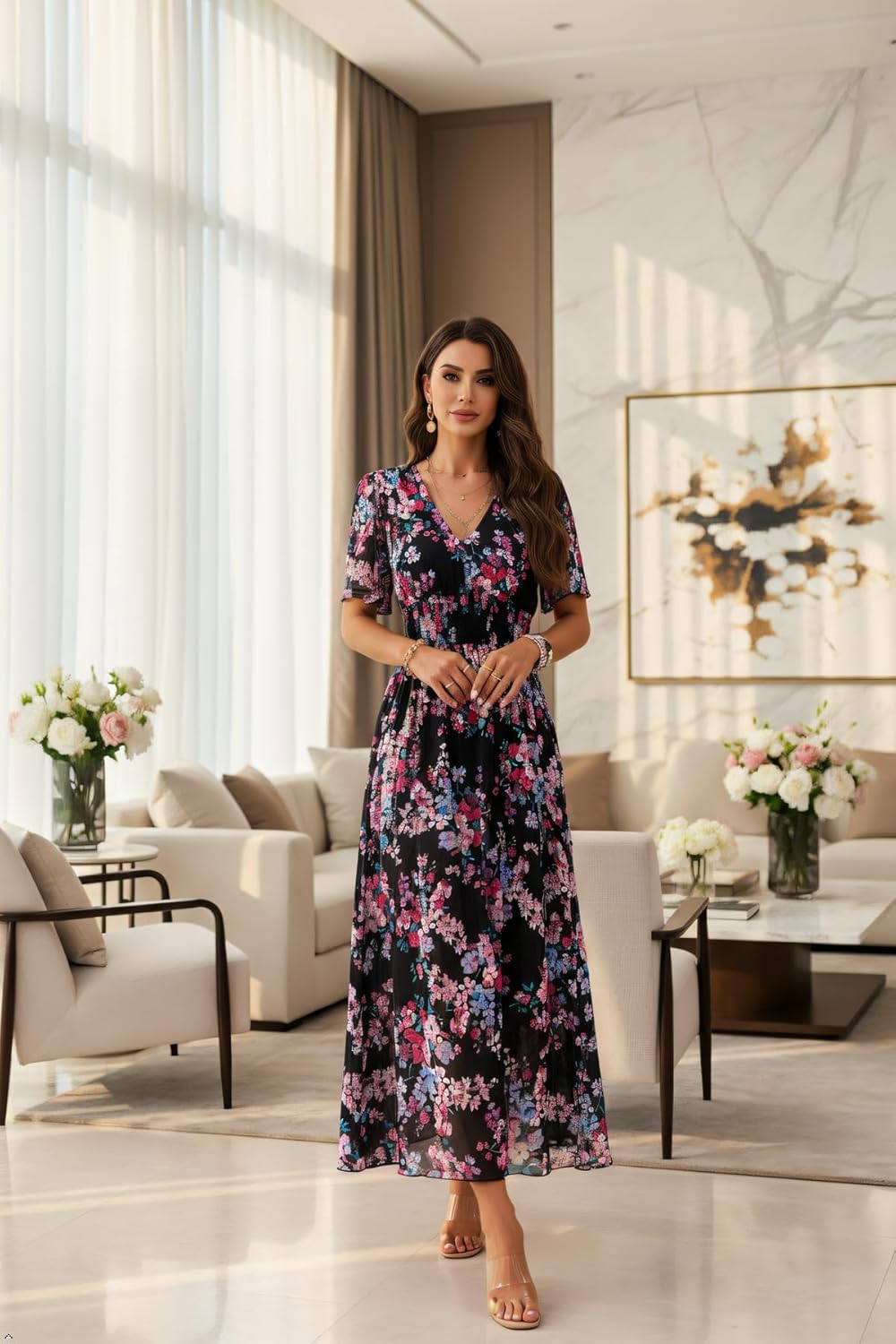 Jade Robe Femme Maxi Fleurie – Taille Haute, Col V, Manches Courtes Bohème Été
