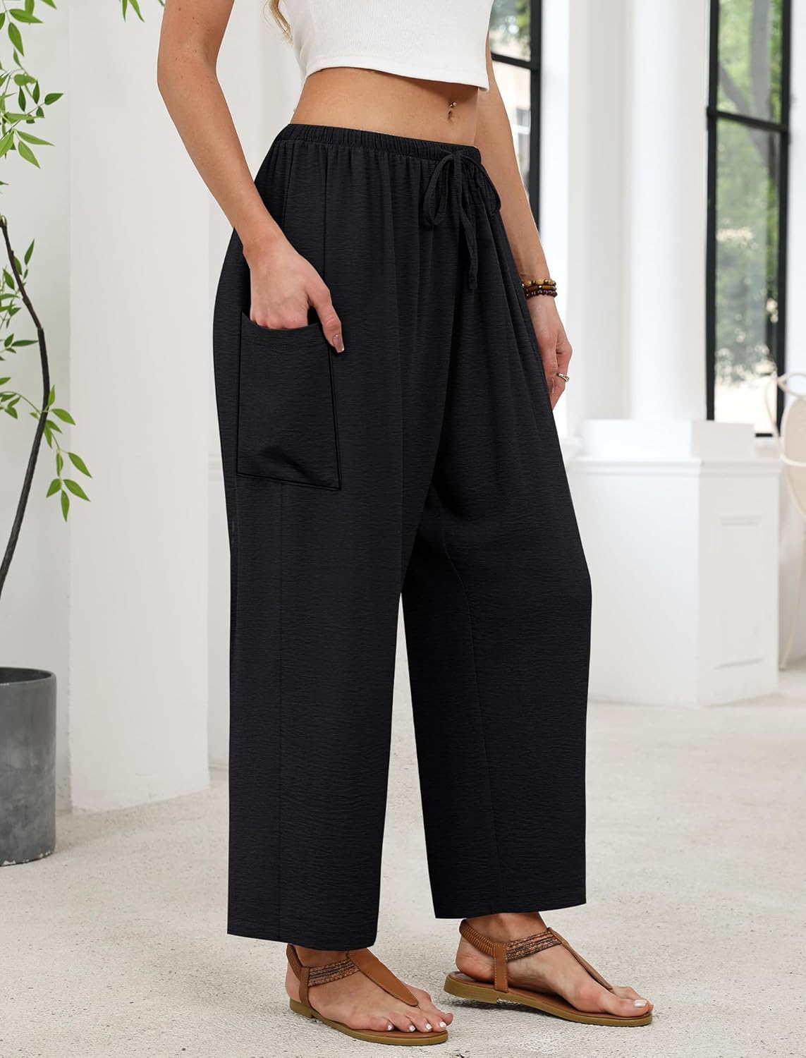 Maja Women's Pants – Large Flowing Palazzo with Elastic Waist & Pockets Summer