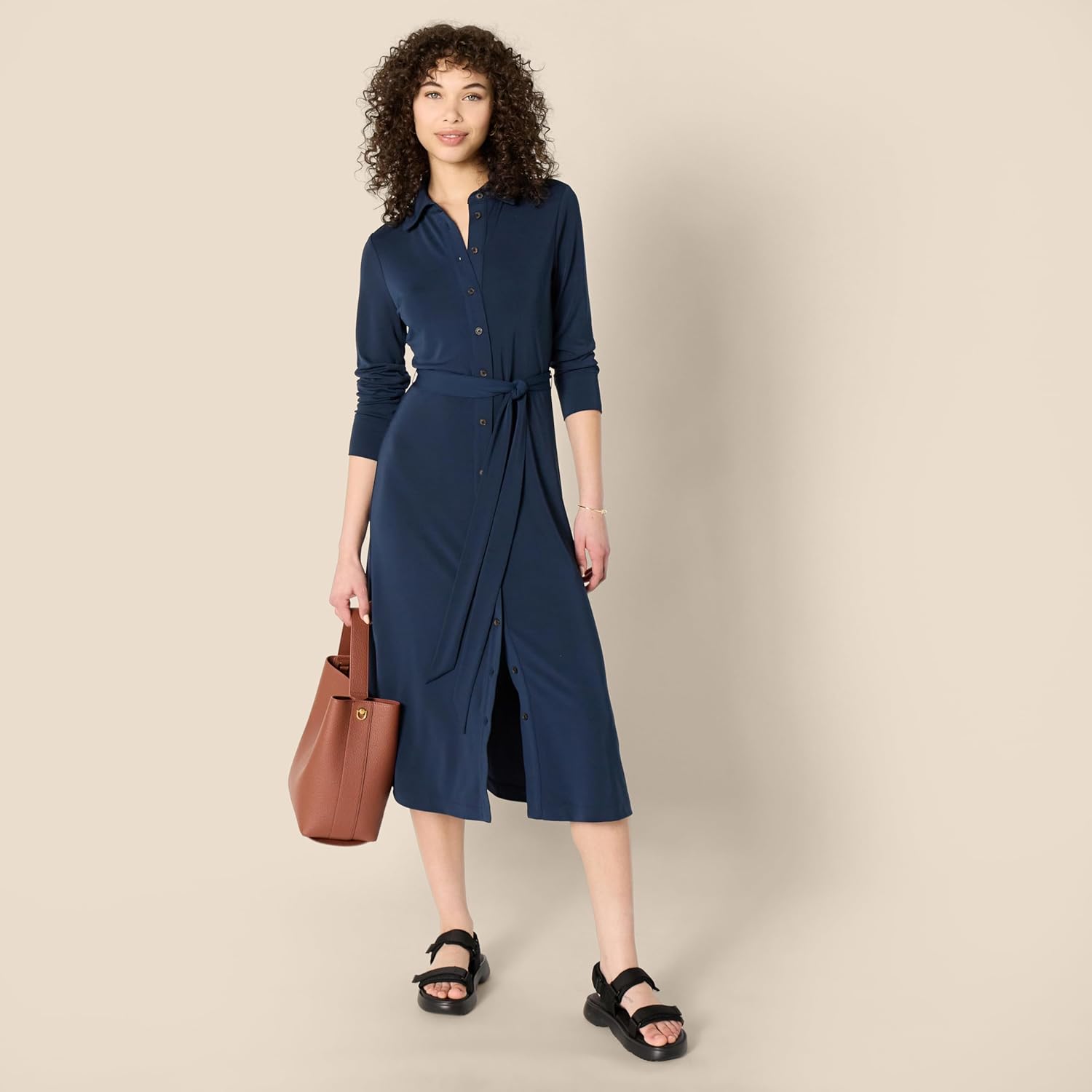 Claire Robe Chemise Midi – Robe Élégante Col Classique Ceinture Femme