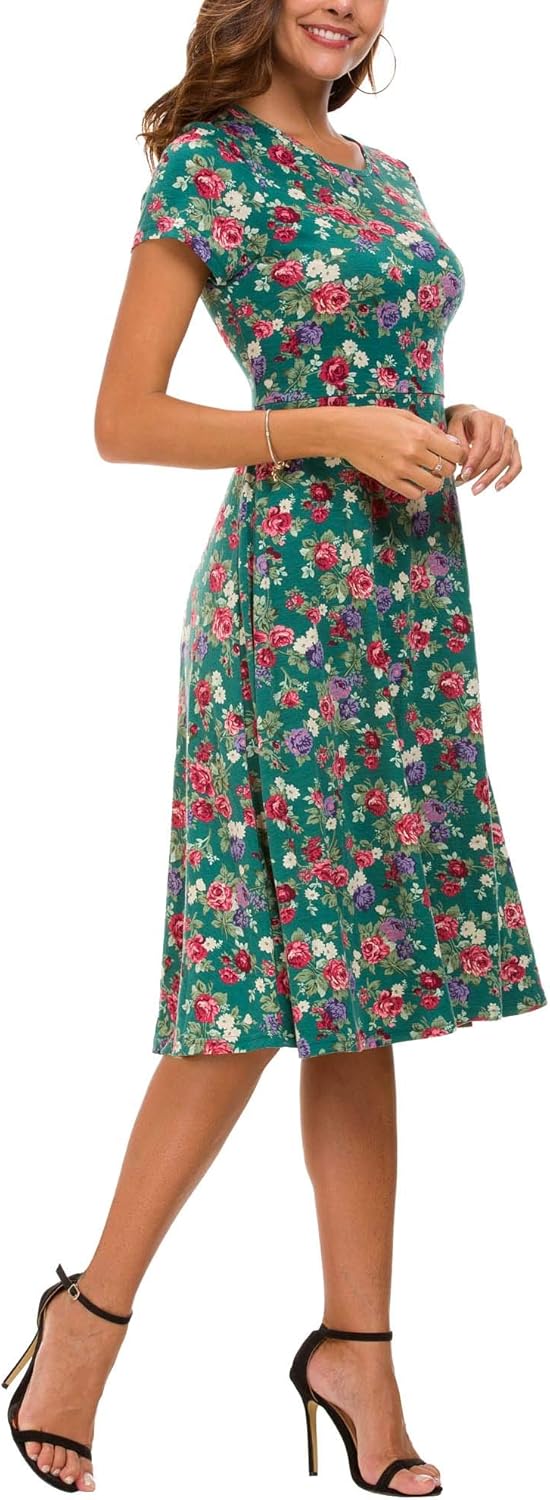 Léonie Midikleid mit Blumenmuster Damen – Ausgestelltes Kleid mit kurzen Ärmeln und Rundhalsausschnitt für den Sommer