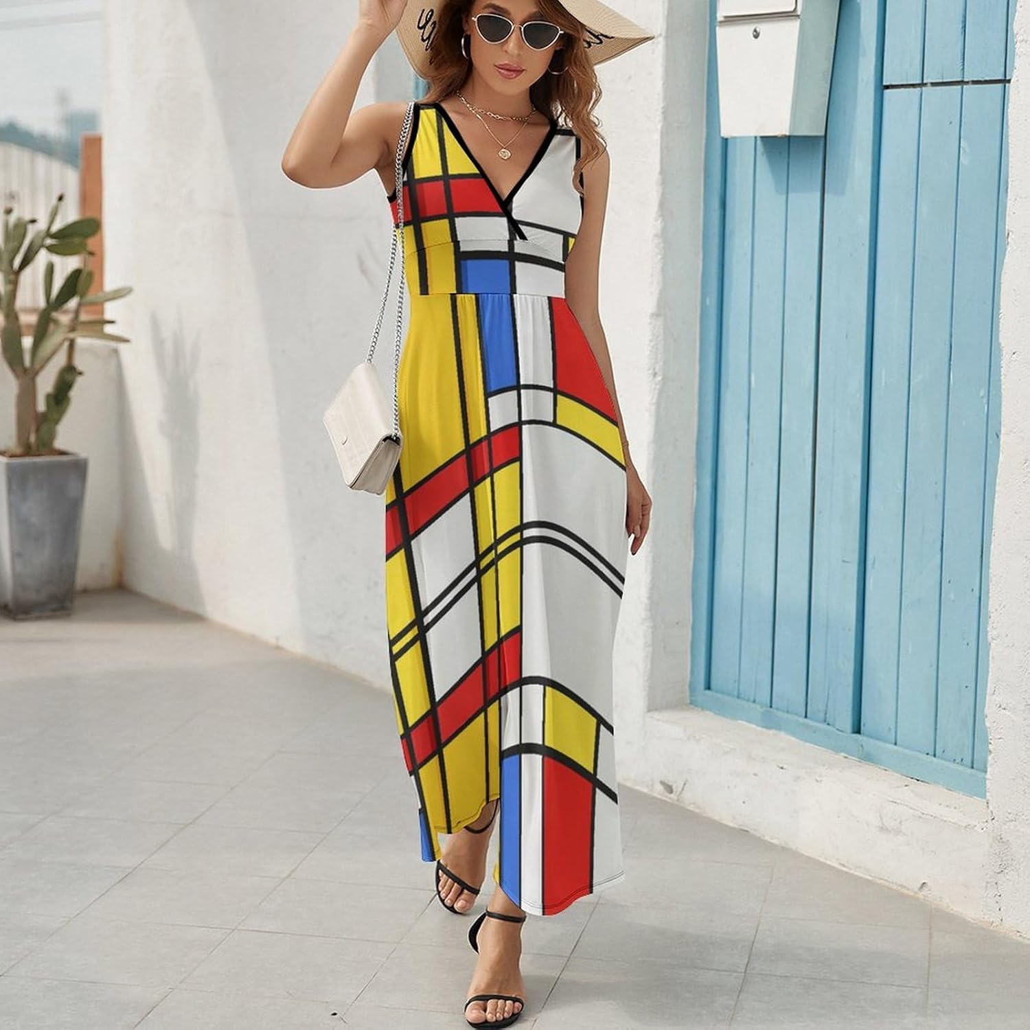 Vestito Lena Donna – Vestito Maxi Scollo a V Senza Maniche Vita Alta Motivo Moderno Estate
