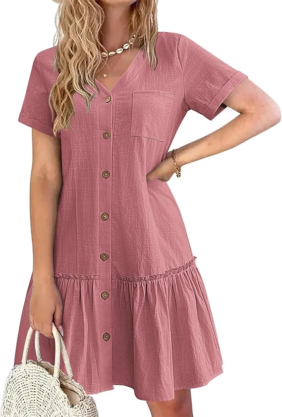 Robe Tianka Mulher – Algodão & Linho, Decote em V & Corte Largo com Botões Verão Elegante
