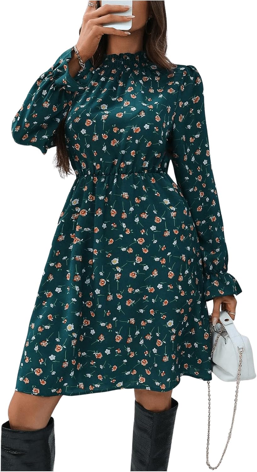 Vestido Curto Feminino Élise – Vestido Floral com Gola Alta e Folhos, Corte A-Line Elegante