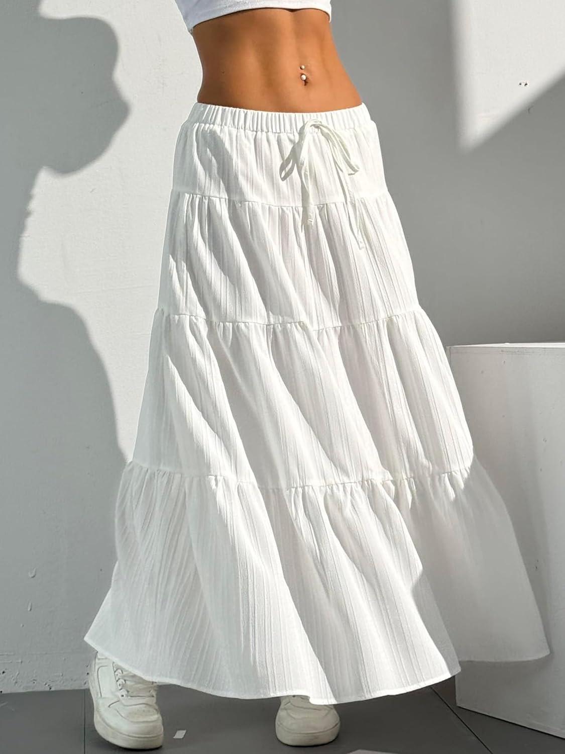 Dori Maxi Skirt for Women – White Bohemian Ruffled High-Waist A-Line Skirt
