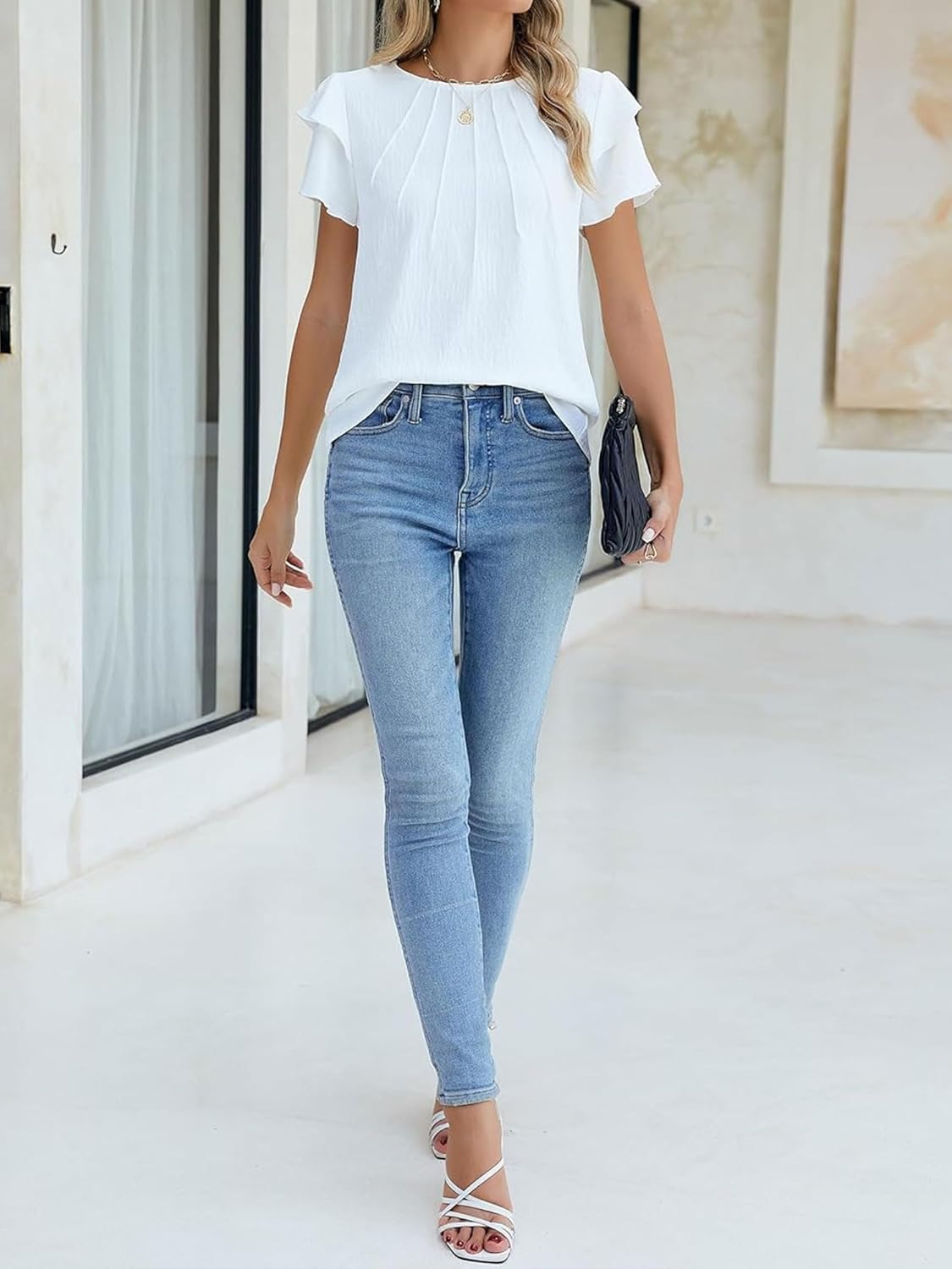 Sophie Blouse Femme Plissée – Top Col Rond Élégant Manches Volants Chic