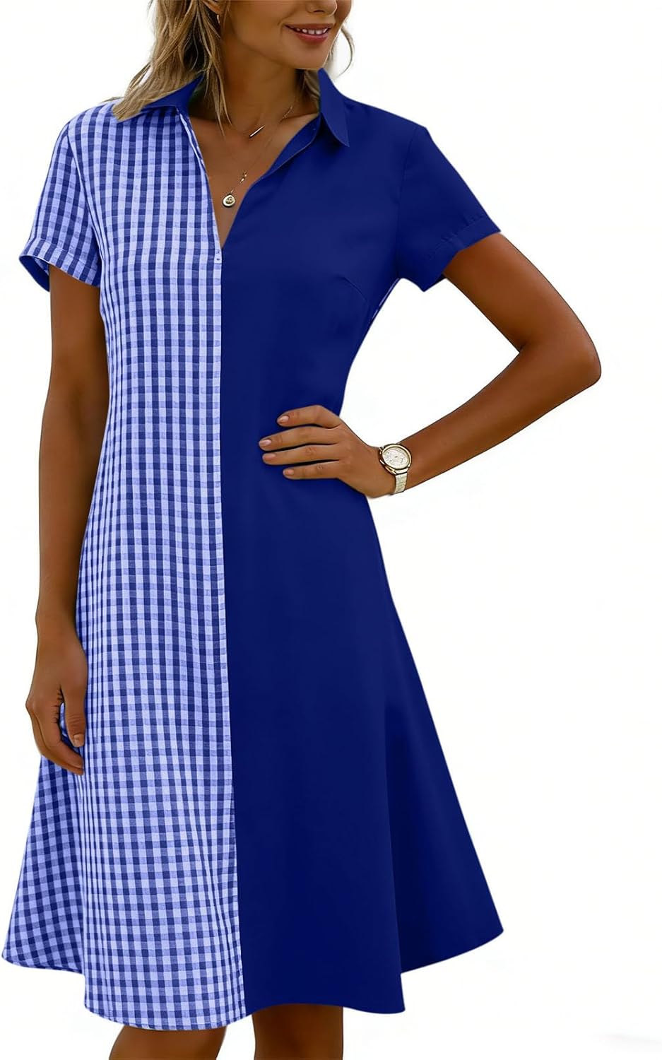 Julie Damenkleid – Kariertes Kleid mit V-Ausschnitt, kurzen Ärmeln, fließendem Schnitt, Boho-Stil, Sommer