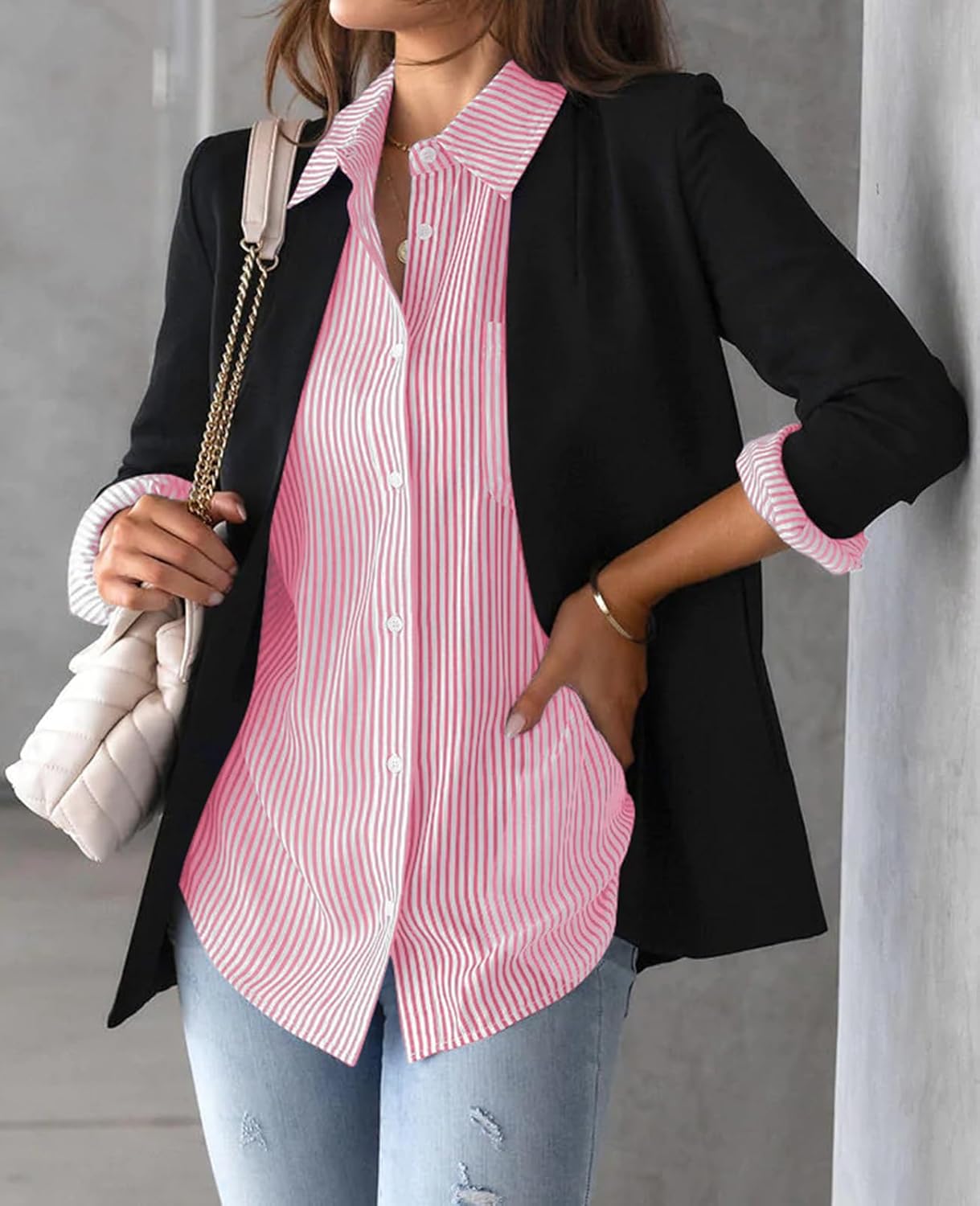 Julie Camisa Mujer a Rayas – Blusa de Algodón con Cuello en V y Botones Elegante Casual