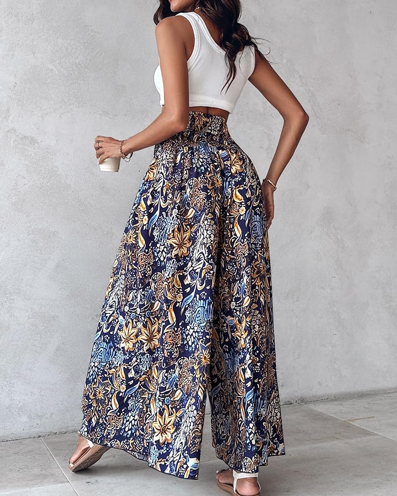 Purple Women's Pants – Floral Palazzo with Smocked Waist, Wide & Pockets Summer