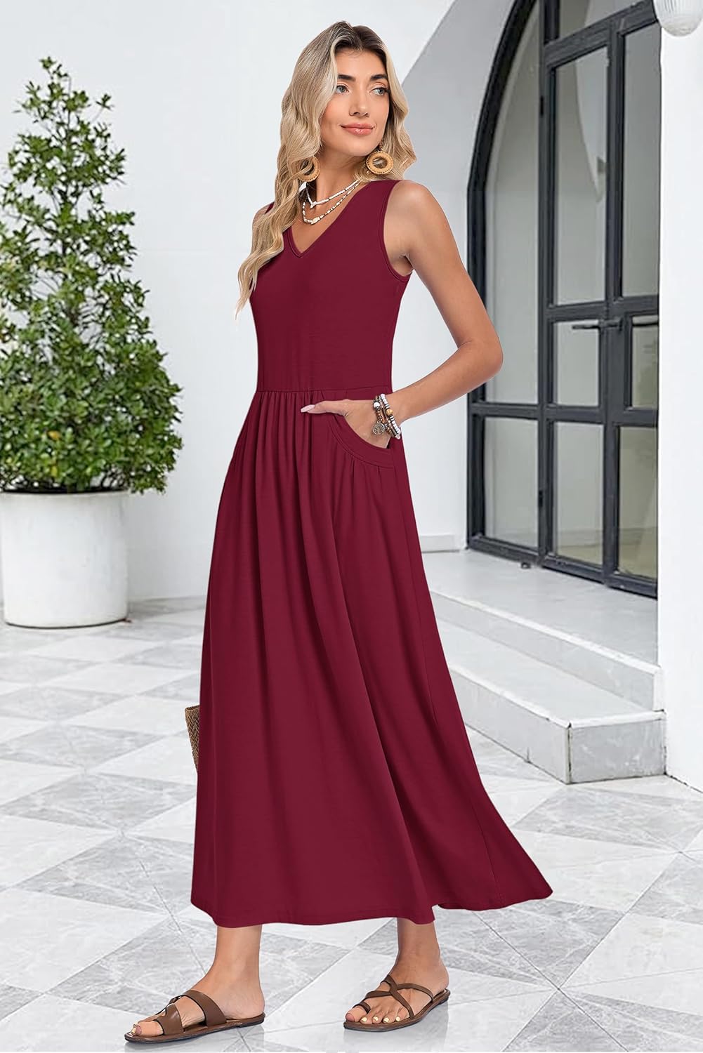 Faye Robe Maxi Femme Été – Robe Longue Col V Sans Manches, Coupe A-Line & Poches