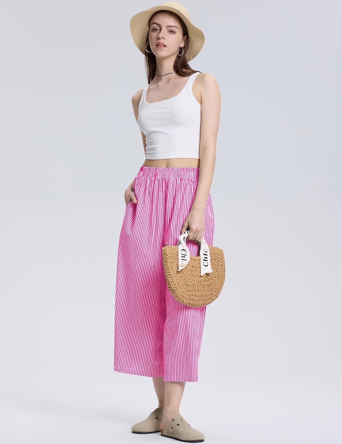 Emma Pantalon Capri Femme en Coton – Pantalon Léger Taille Élastique à Carreaux