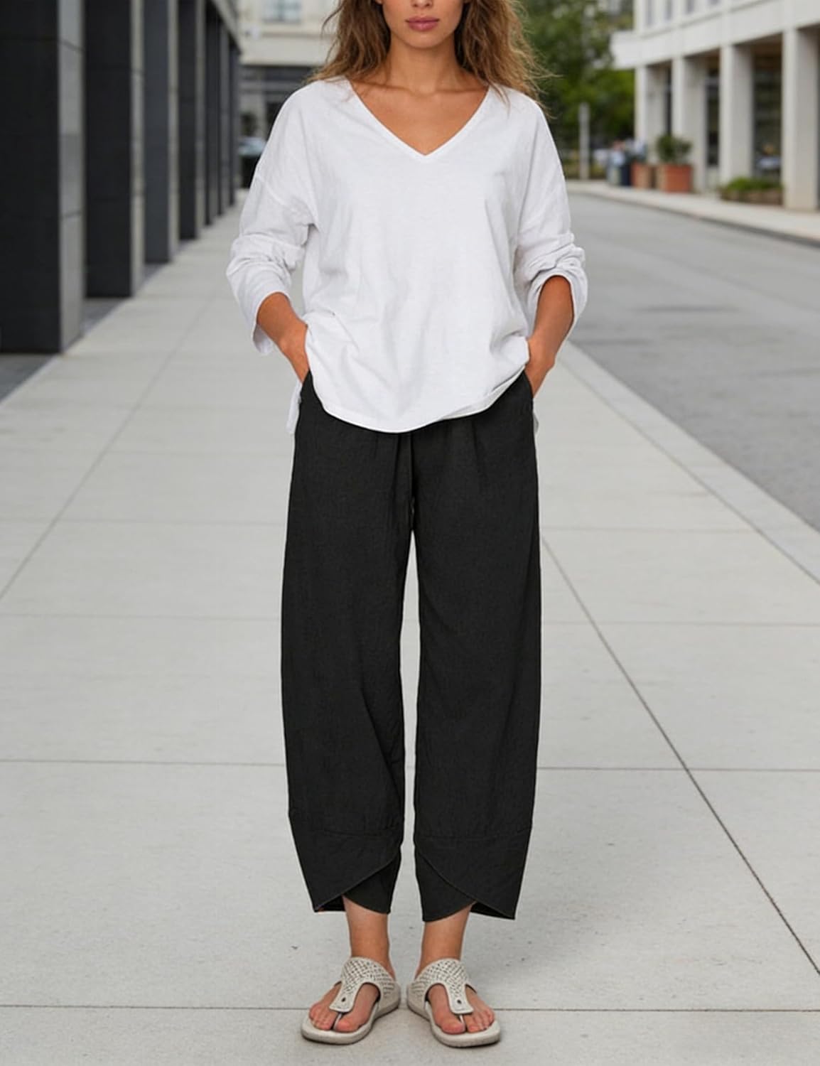 Calças Caprice Capri Mulher Algodão – Cintura Alta Elástica, Corte Tulipa Verão Chic