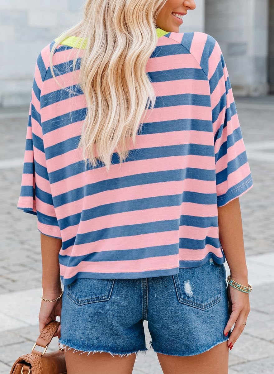 Blessy T-Shirt Femme Rayé – Col Rond, Manches Courtes, Coupe Oversize Décontractée Été