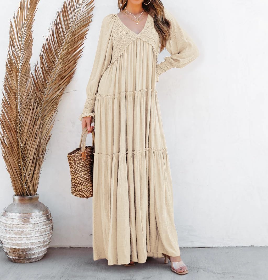 Eva Robe Maxi Femme – Robe Bohème Col V Manches Longues Smockée Volants