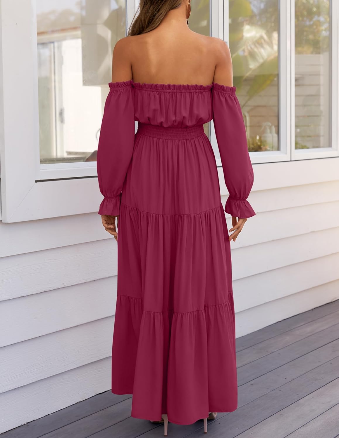 Sukienka maxi Sophie damska – sukienka boho z odkrytymi ramionami, rozcięciem i marszczoną talią