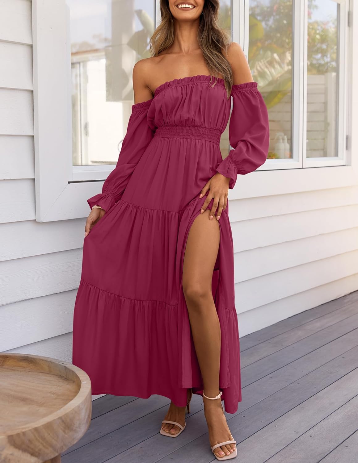 Sukienka maxi Sophie damska – sukienka boho z odkrytymi ramionami, rozcięciem i marszczoną talią