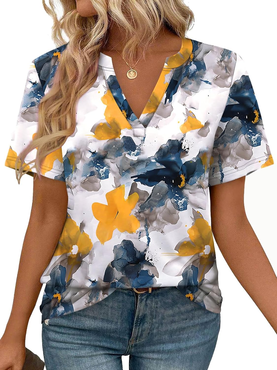 Roberta T-Shirt Femme Col V – Top Manches Courtes Coupe Fluide Léger Été Casual