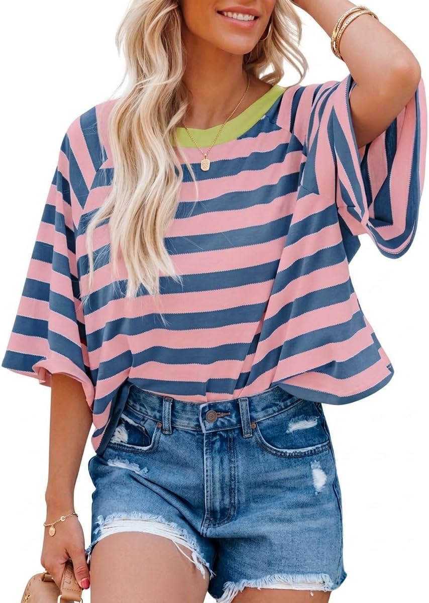 Blessy T-Shirt Femme Rayé – Col Rond, Manches Courtes, Coupe Oversize Décontractée Été