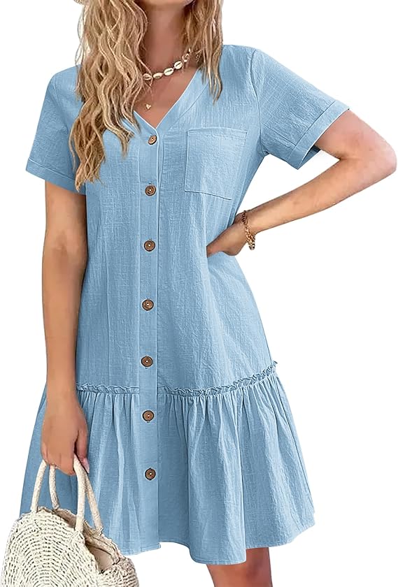 Robe Tianka Mulher – Algodão & Linho, Decote em V & Corte Largo com Botões Verão Elegante