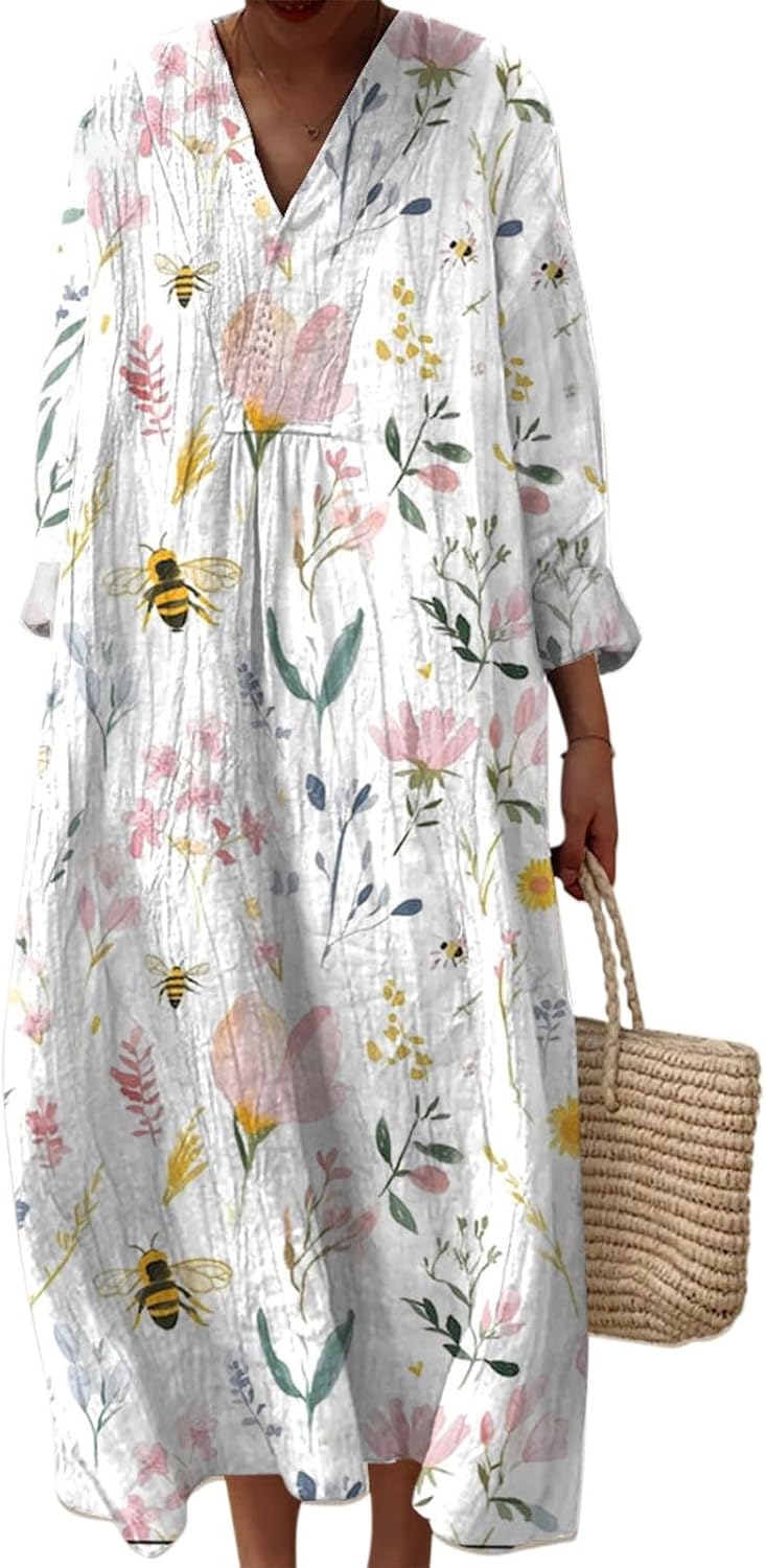Emily Robe Femme – Robe Midi Col V Manches Longues Coupe A-Line Fluide Été