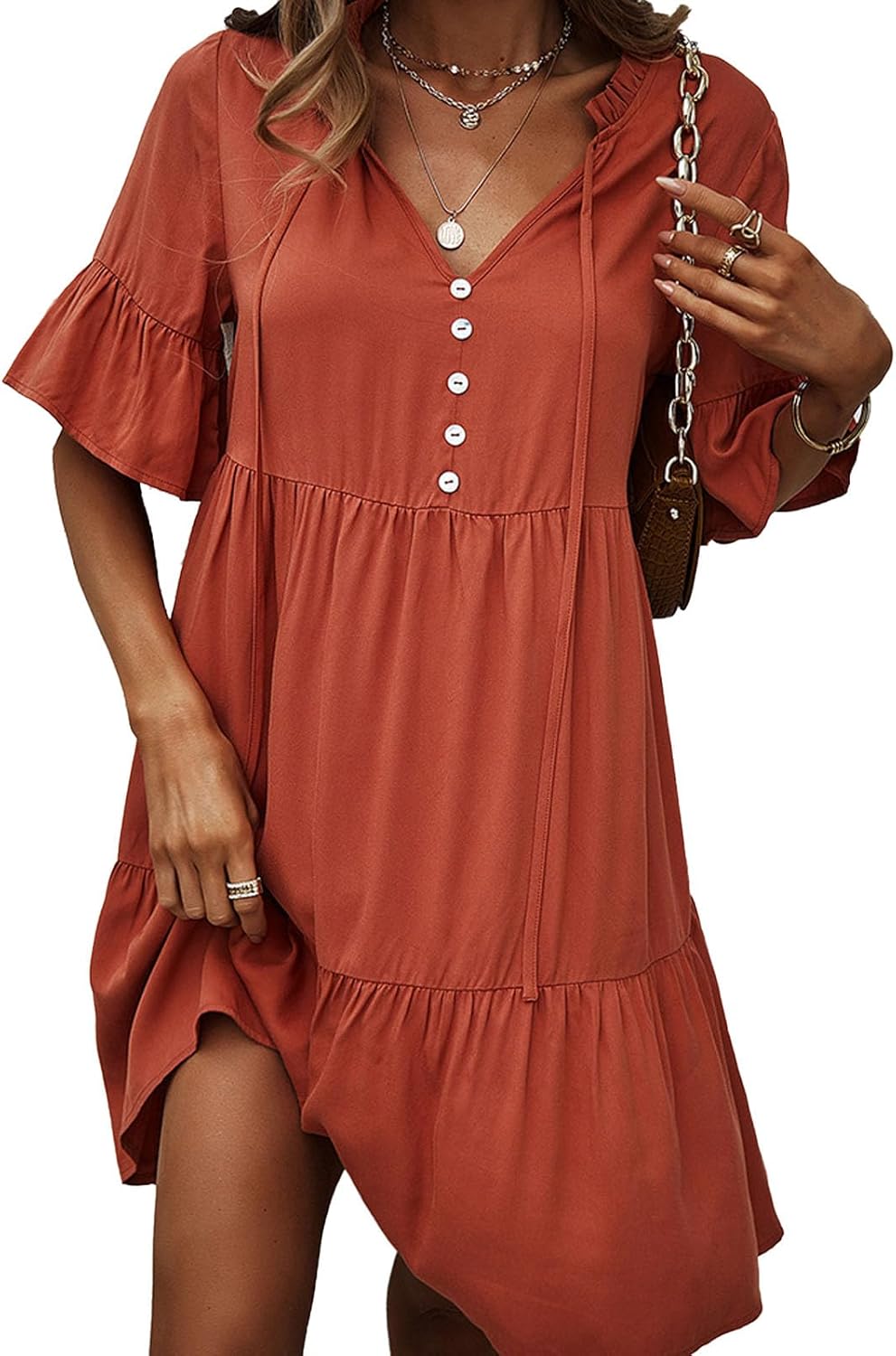 Emma Women's Dress – Elegant Summer A-Line Dress with V-Neck, Ruffles, and Short Sleeves