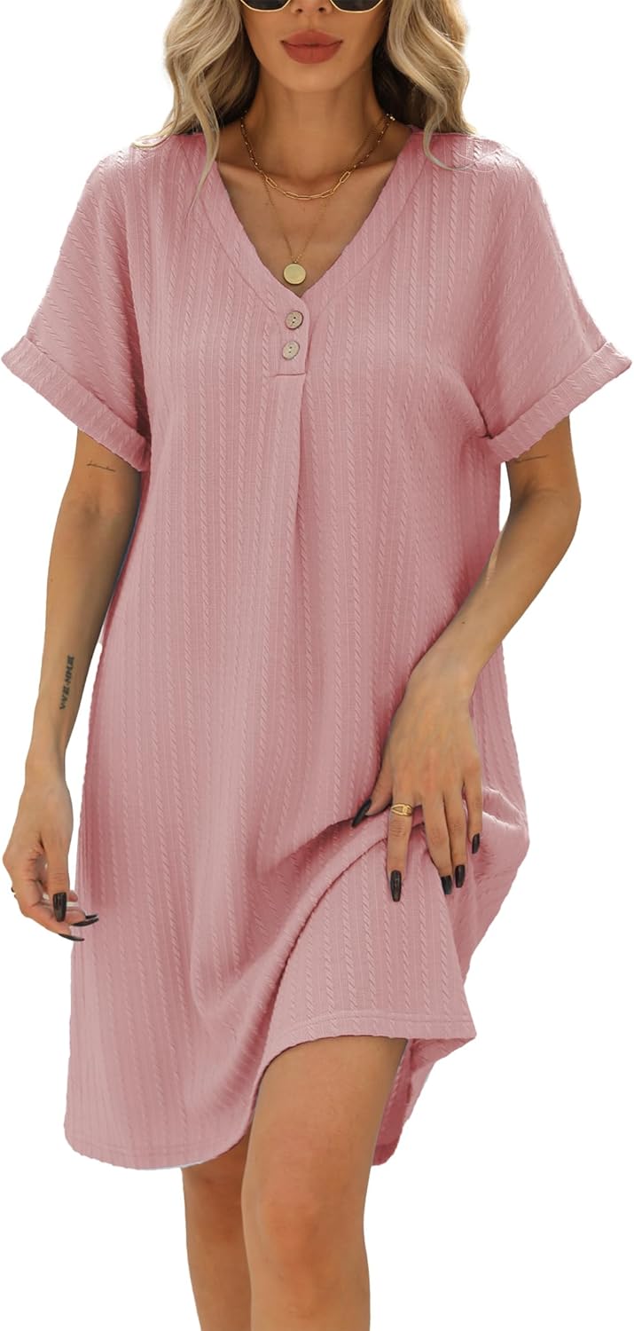 Luna Robe Été Femme – Col V Boutonnée Coupe A-Line Manches Courtes