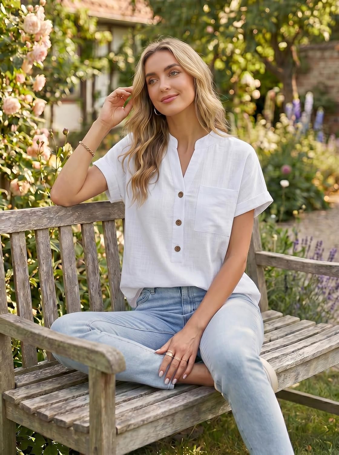 Sophie Bluse Dame Bomuld – Top med V-hals Henley Korte Ærmer Elegant Sommer