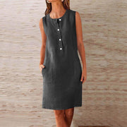 Vestito Nina Donna – Vestito Mini in Lino con Scollo Rotondo, Senza Maniche, Taglio Fluido con Tasche Estate