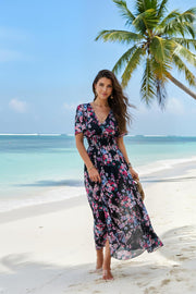 Jade Robe Femme Maxi Fleurie – Taille Haute, Col V, Manches Courtes Bohème Été
