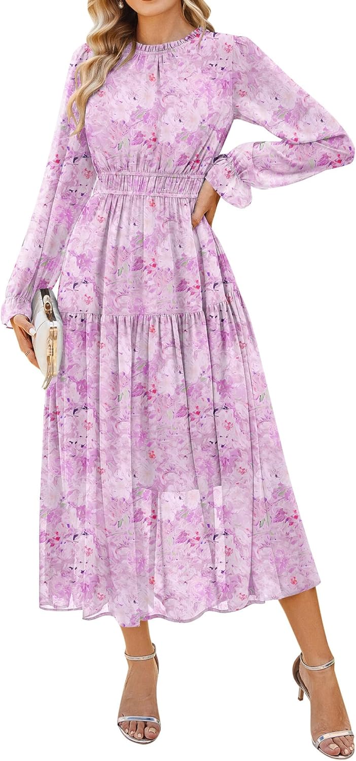 Élise Robe Maxi Fleurie – Robe Chiffon Élégante Manches Longues Femme