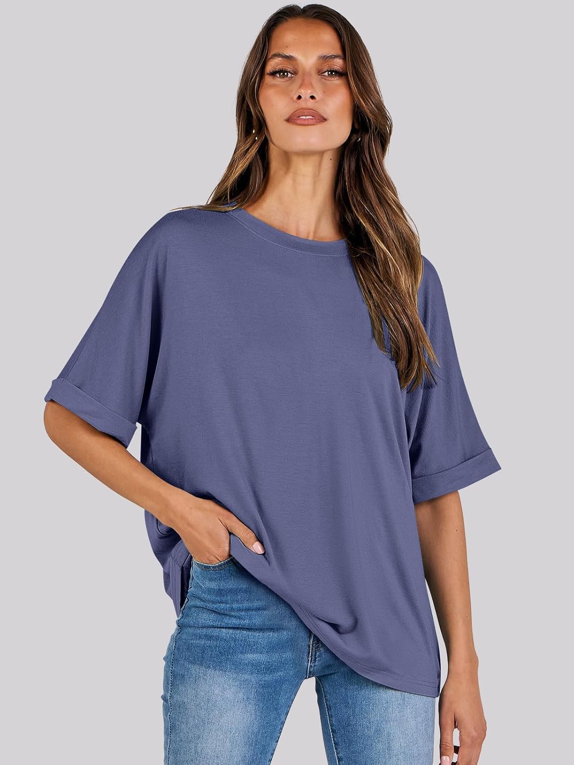 Laura T-Shirt Damen Oversize – Tunika Rundhalsausschnitt Kurzarm Top Sommer Schick