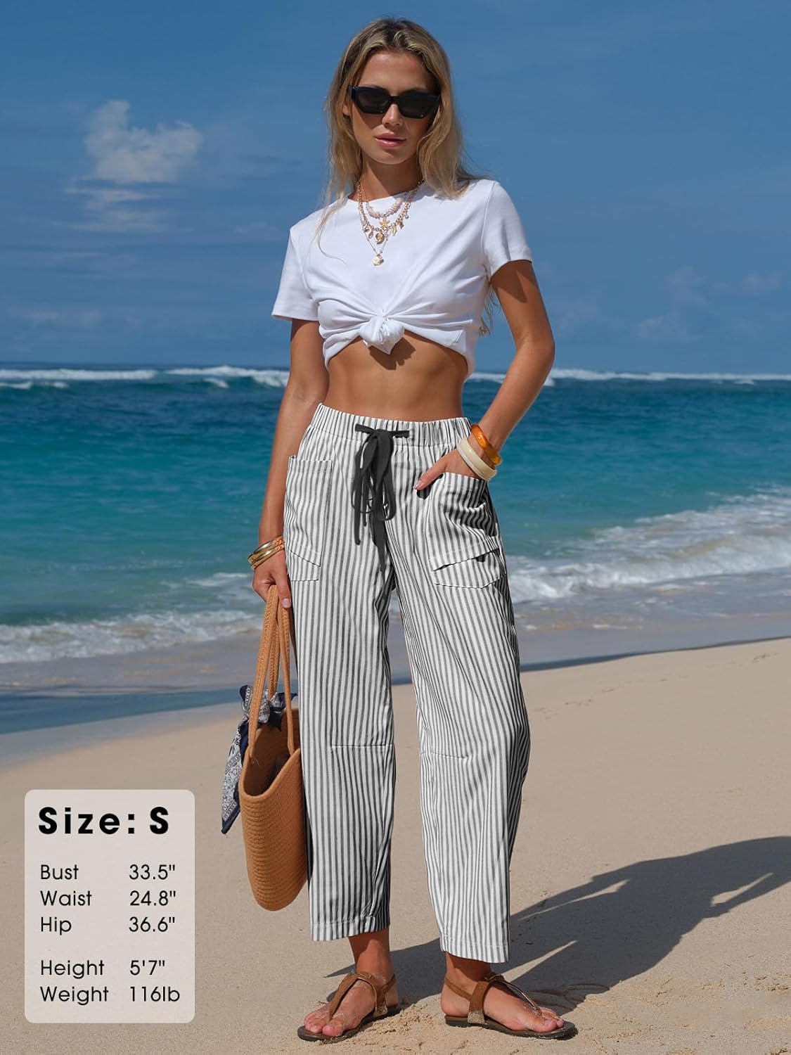 Laura Pantalon Femme Lin Rayé – Coupe Large Capri, Taille Élastique, Léger Été