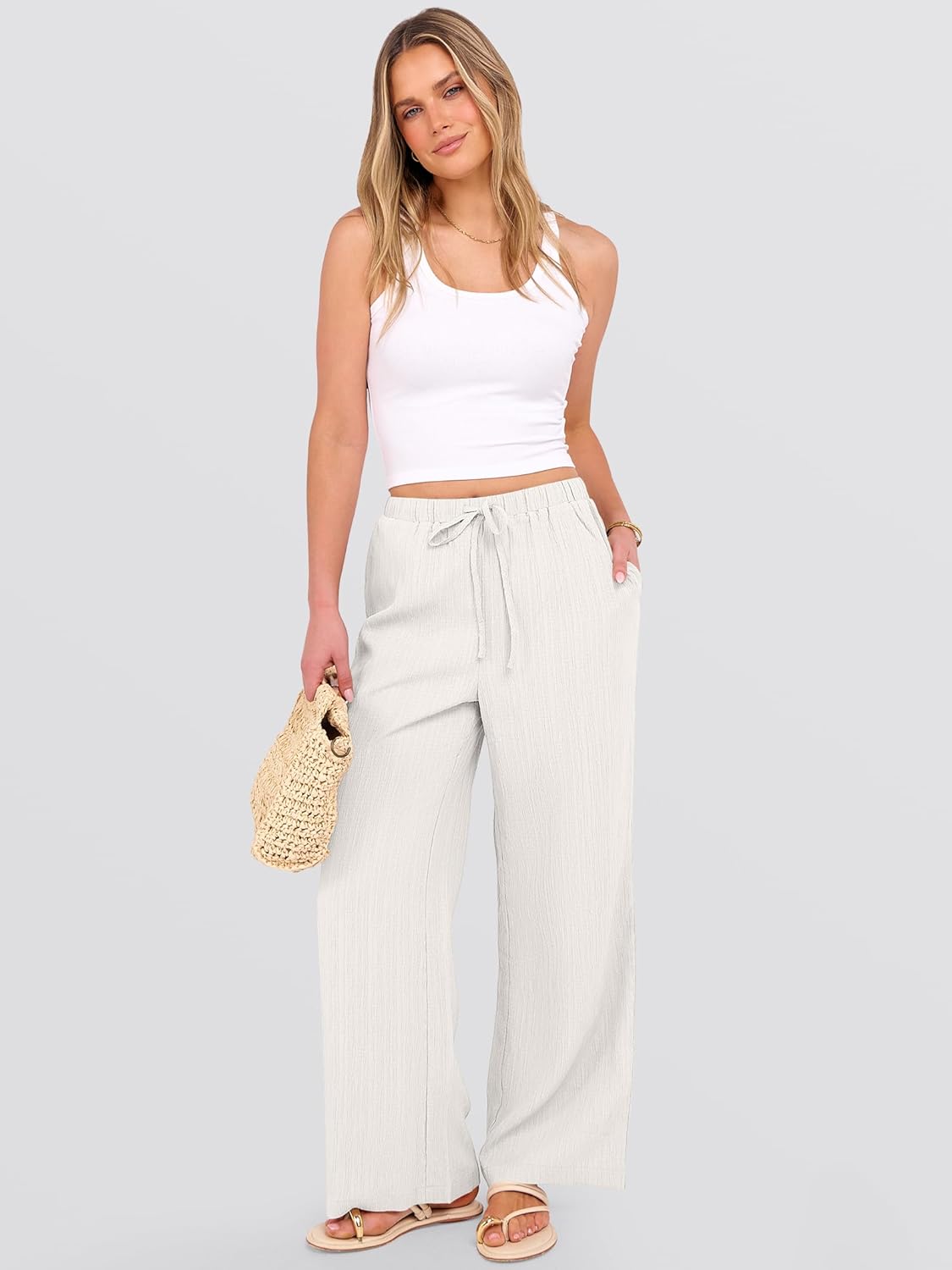 Malaya Pantalon Femme – Pantalon Palazzo Large Taille Élastique & Poches Été