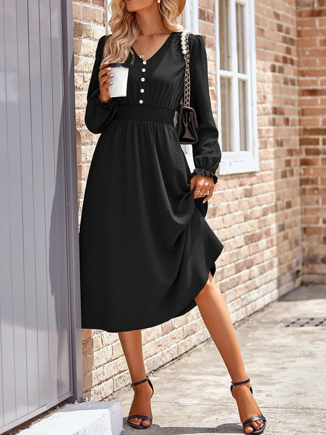 Emma Robe Femme Midi – Robe Col V Manches Longues Taille Haute A-Line Élégante