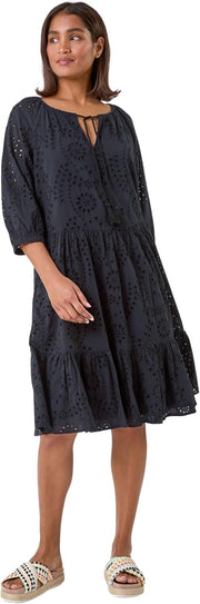 Lina Midikleid Damen – Kleid mit Stickerei, Volants, V-Ausschnitt aus Baumwolle Elegant Sommer