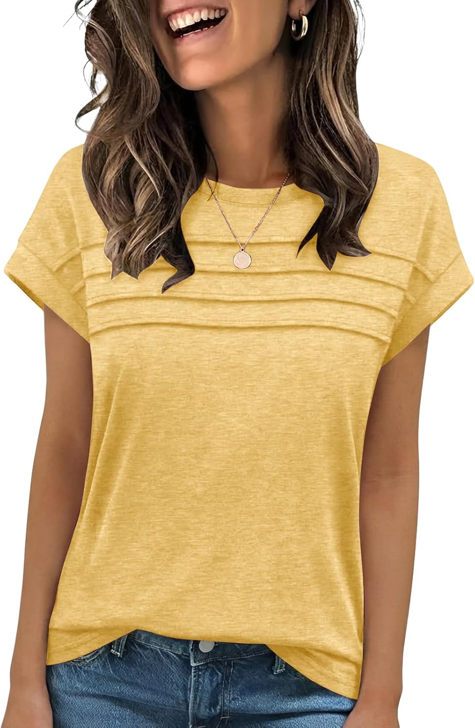 T-shirt Loinia Mulher Gola Redonda – Plissado Elegante, Mangas Curtas, Corte Fluido Verão