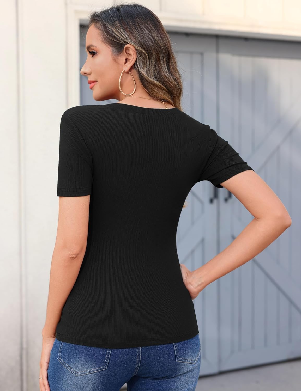 Sherry T-Shirt Femme Col V – Coupe Slim Côtelée Stretch, Manches Courtes Été